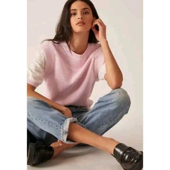 Anthropologie Tops - Anthropologie Womens M Mixed Media Crewneck Sweater Vest Eyelet Blouse Pink